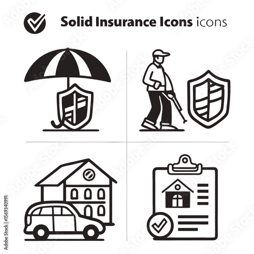Solid insurance icons isolated on white background