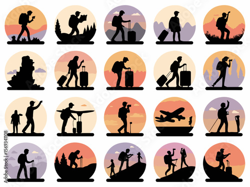 Collection of diverse travel and adventure silhouettes featuring people exploring landscapes and using luggage with a distinctive silhouette style