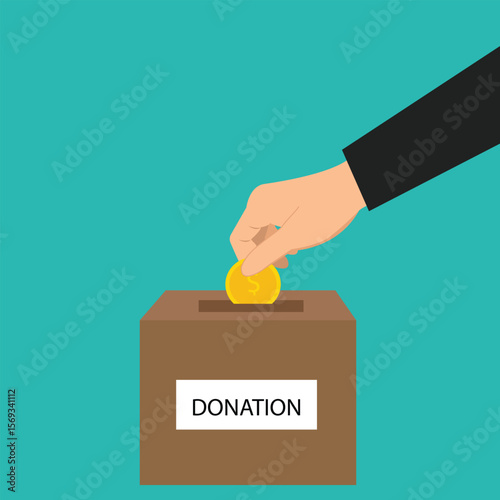 Donation box collecting money and hand putting coin in the donate box. providing material assistance to socially vulnerable people vector illustration