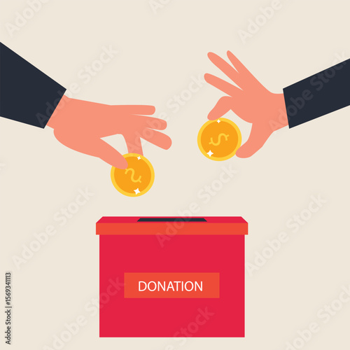 Donation box collecting money and hand putting coin in the donate box. providing material assistance to socially vulnerable people vector illustration