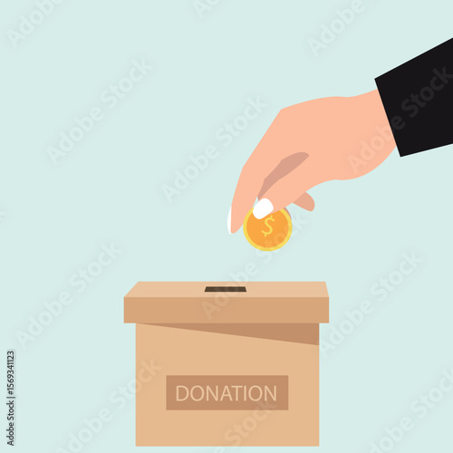 Donation box collecting money and hand putting coin in the donate box. providing material assistance to socially vulnerable people vector illustration