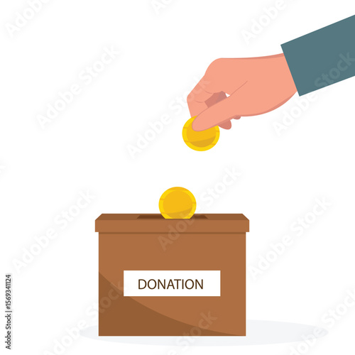 Donation box collecting money and hand putting coin in the donate box. providing material assistance to socially vulnerable people vector illustration