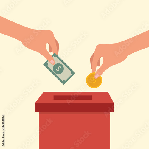 Donation box collecting money and hand putting paper money and coin in the donate box. providing material assistance to socially vulnerable people vector illustration