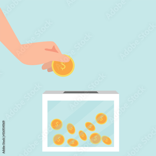 Donation box collecting money and hand putting coin in the donate box. providing material assistance to socially vulnerable people vector illustration