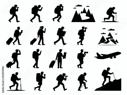 Collection of diverse travel and adventure silhouettes featuring hikers backpackers tourists with luggage and mountain scenery silhouette