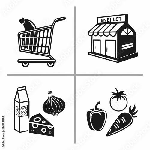 Icons of grocery shopping and food isolated on white background