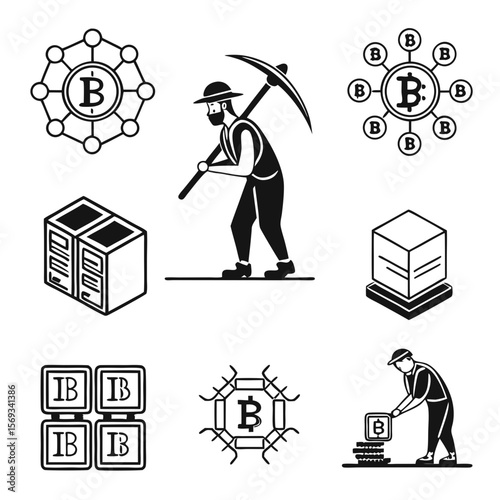 Bitcoin mining icons isolated on white background in black and white