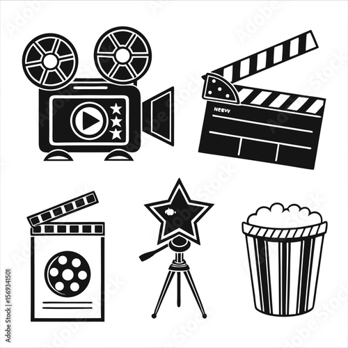 Movie camera, clapperboard, and popcorn isolated on white background