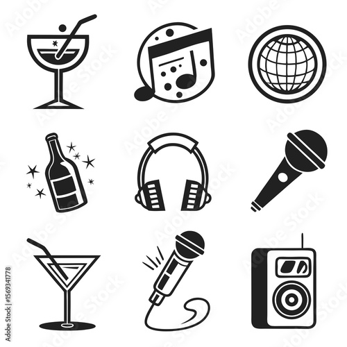 Cocktail, music notes, and globe isolated on white background