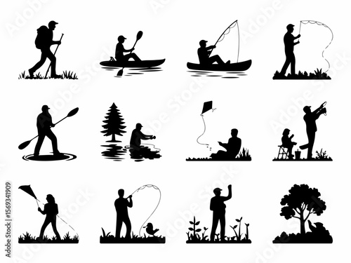 Collection of twelve diverse outdoor activity silhouettes including hiking kayaking fishing kite flying and bird watching with a distinct silhouette style