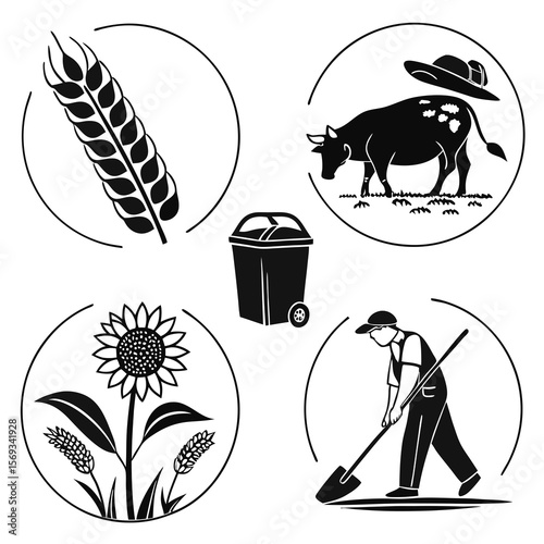 A farmer works the land with wheat, cow, and sunflower icons