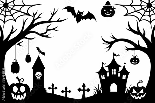 Spooky Halloween Silhouette Scene Bats, Pumpkins, and Haunted House