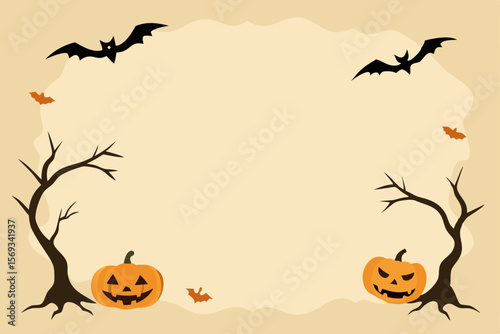 Spooky Halloween Background Jack-o'-lanterns, Bats, and Bare Trees
