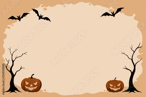 Spooky Halloween Background Bats, Pumpkins, and Bare Trees