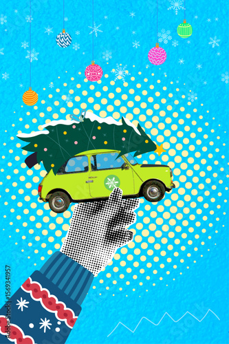 Composite halftone pop art collage light green retro car delivery christmas tree snow snowflakes holiday gift outdoor isolated on blue background with empty space for insertion