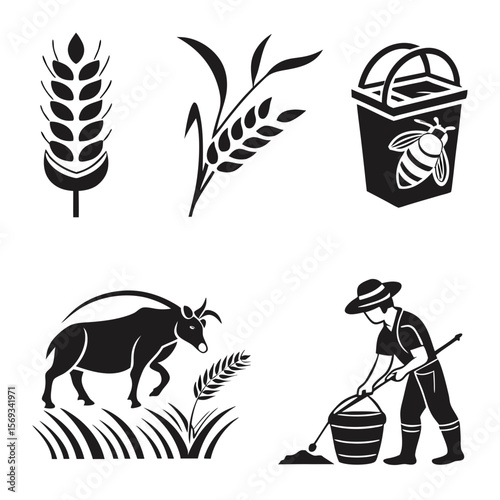 A farmer works with wheat, bees, and a cow