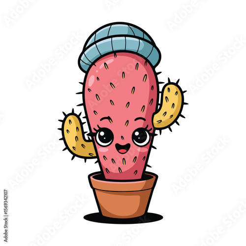 Pink cactus character wearing a blue beanie yellow