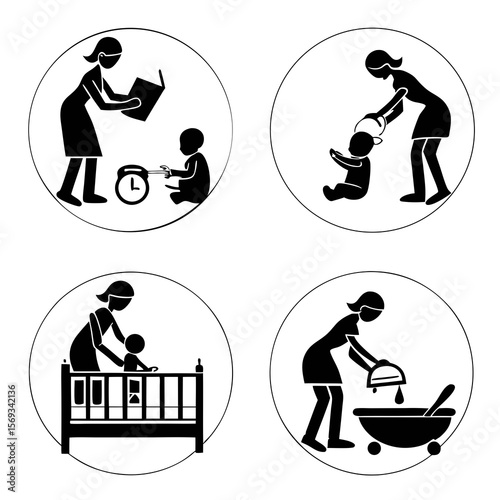 A woman performs childcare activities in circles
