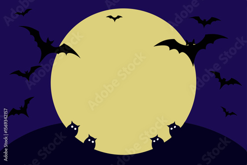 Spooky Halloween Night Bats and Full Moon Halloween Illustration
