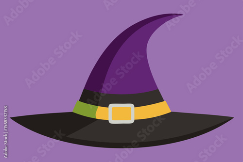 Black witch hat and broom vector illustration, a magic Halloween wizard symbol