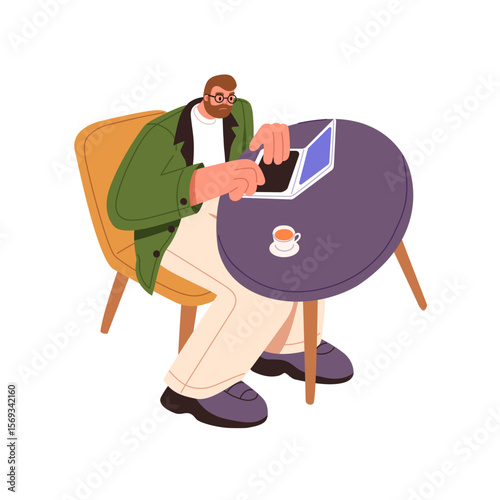 Man with cup of coffee is typing Business message on computer. Person with laptop at the table. Freelance, distance or remote work from home office, cafe. Flat isolated vector illustration on white