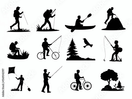 Collection of outdoor activity silhouettes including hiking kayaking fishing cycling kite flying and mountain climbing showcasing nature and adventure silhouette