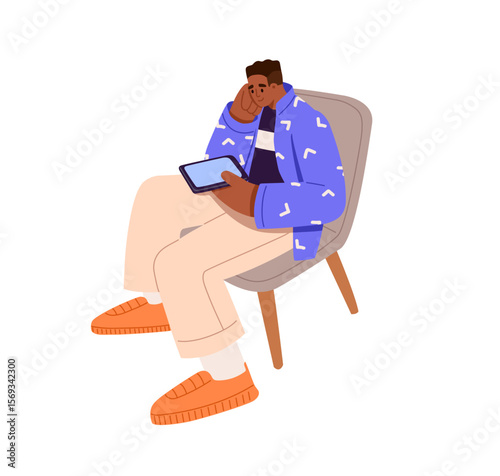 Young black man sits on chair, holds smartphone and spends leisure time online. Person with social networks addiction surfing the Internet by phone, device. Flat isolated vector illustration on white
