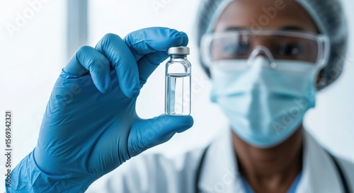 Female scientist wearing mask and gloves holding medical vial with clear liquid, close-up of vaccine or medication in hospital laboratory.