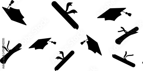 Graduates celebration. Flying black graduate hat border