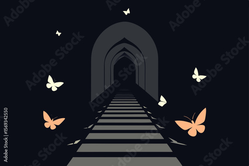 An ancient Gothic cathedral's interior, illuminated by moonlight filtering through arched windows, reveals a serene night scene with celestial clouds and distant stars
