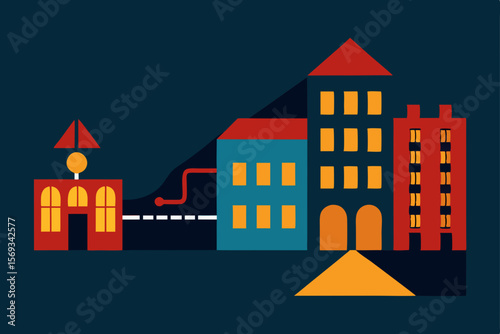 Vector illustration of a night city landscape with urban architecture and cartoon buildings