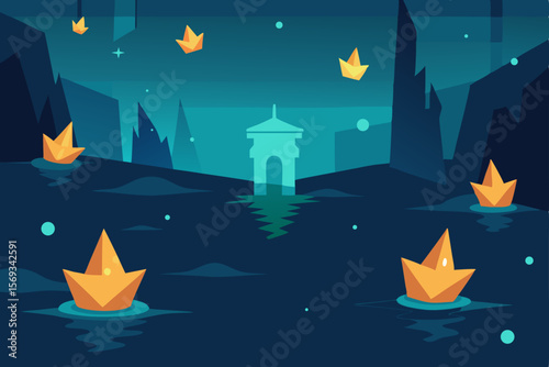 A captivating vector illustration depicting a Halloween night landscape with a moonlit castle and bats soaring across the dark, star-filled sky