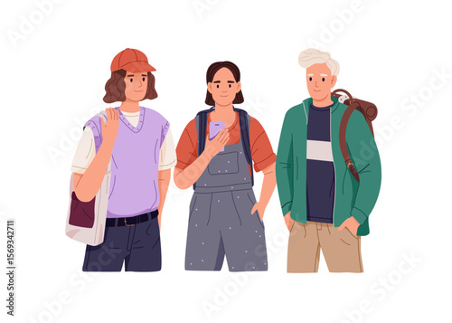 Group of students of high school, college with backpacks. Happy teenagers, girls and boy are friends. Teen classmates are standing together. Flat isolated vector illustration on white background