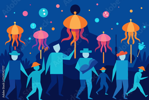 Two cartoon people under an umbrella in the autumn rain, a symbol of weather protection