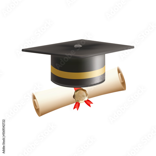3d diploma scroll with graduate hat. Vintage roll paper