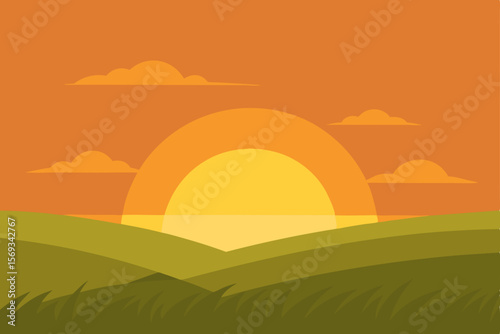 Here's a single sentence for naming an image that combines your descriptions and keywords:

Lush green mountain landscape at golden hour, with the sun setting over a vibrant orange sky
