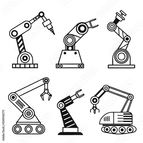 Various robotic arm designs isolated on white background