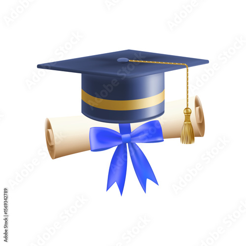 3d diploma scroll with graduate hat. Vintage roll paper