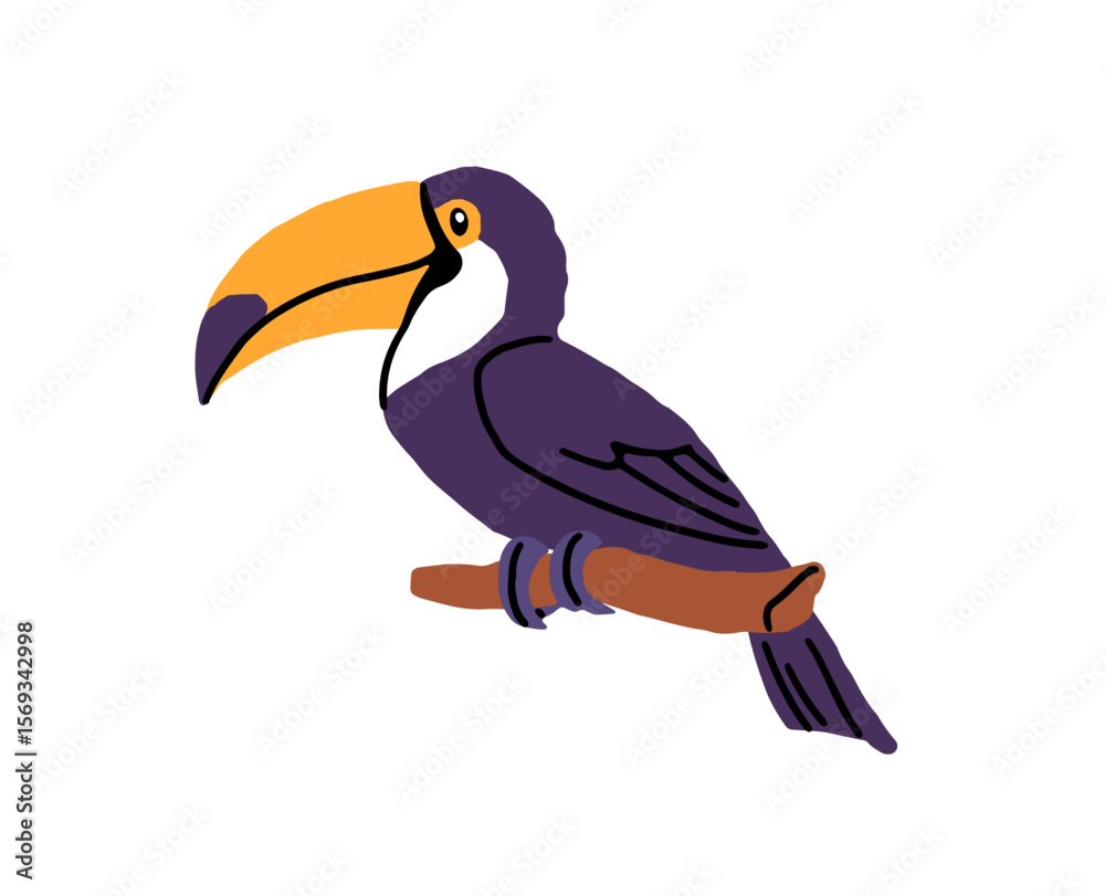 Fototapeta premium Cute toucan sits on branch. Tropical black parrot with big bright beak. Exotic bird relaxes on sprig in jungle. Flying animal of rainforest. Flat hand drawn isolated vector illustration on white