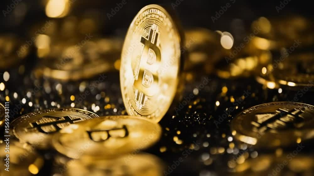 Golden Bitcoin Coins on Dark Background