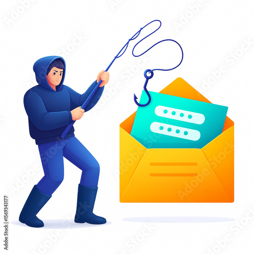 Cybercriminal is using a fishing rod to steal credentials from an email in a concept of phishing attack