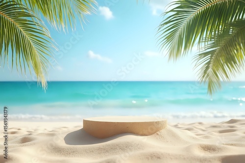 Summer sand beach and tropical sea background with abstract stone podium for product display with copy space