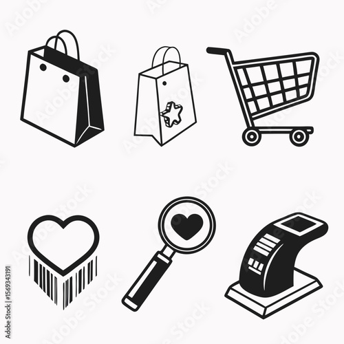 Shopping icons with bags, carts, and hearts isolated on white background