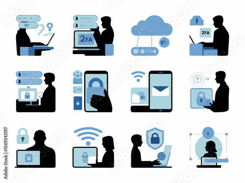Collection of digital security and cybersecurity icons featuring people interacting with technology for data protection and authentication silhouette