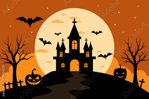Spooky Halloween night with a haunted castle, silhouetted trees, and pumpkins under a full moon