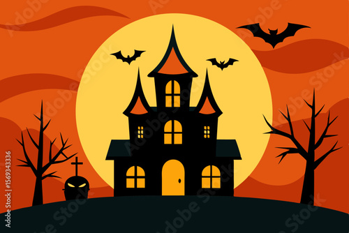 Spooky haunted house and castle silhouettes on a hill with pumpkins, bats, and a full moon make a scary Halloween night illustration