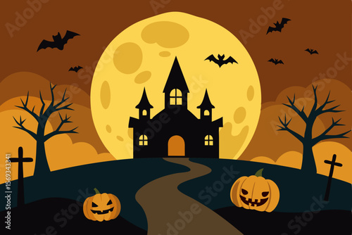 Spooky Halloween night background with pumpkins, bats, and a haunted house silhouette under a full moon