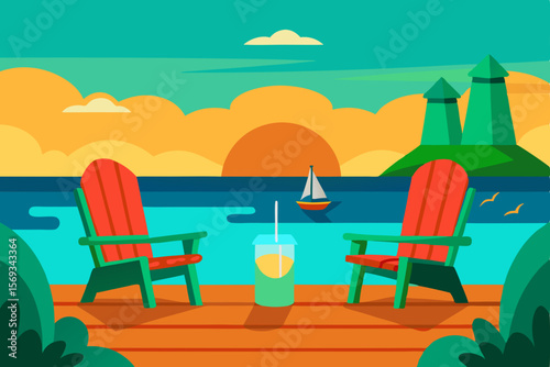 Tropical beachside restaurant with tables and chairs by the ocean under a summer sky