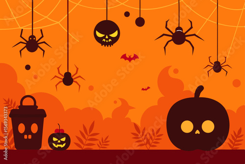 Spooky Halloween night with scary pumpkins, bats, and a full moon, perfect for an autumn holiday vector illustration