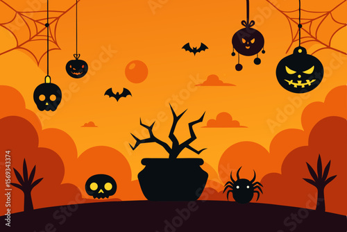 Spooky Halloween night with scary pumpkins, bats, and a creepy tree illustration perfect for an autumn holiday celebration